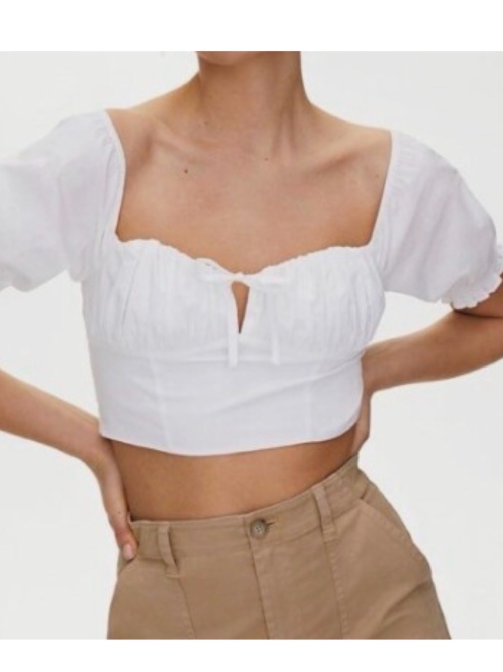 Aritzia baby blue Puff-Sleeve Cropped Tie-Front Top